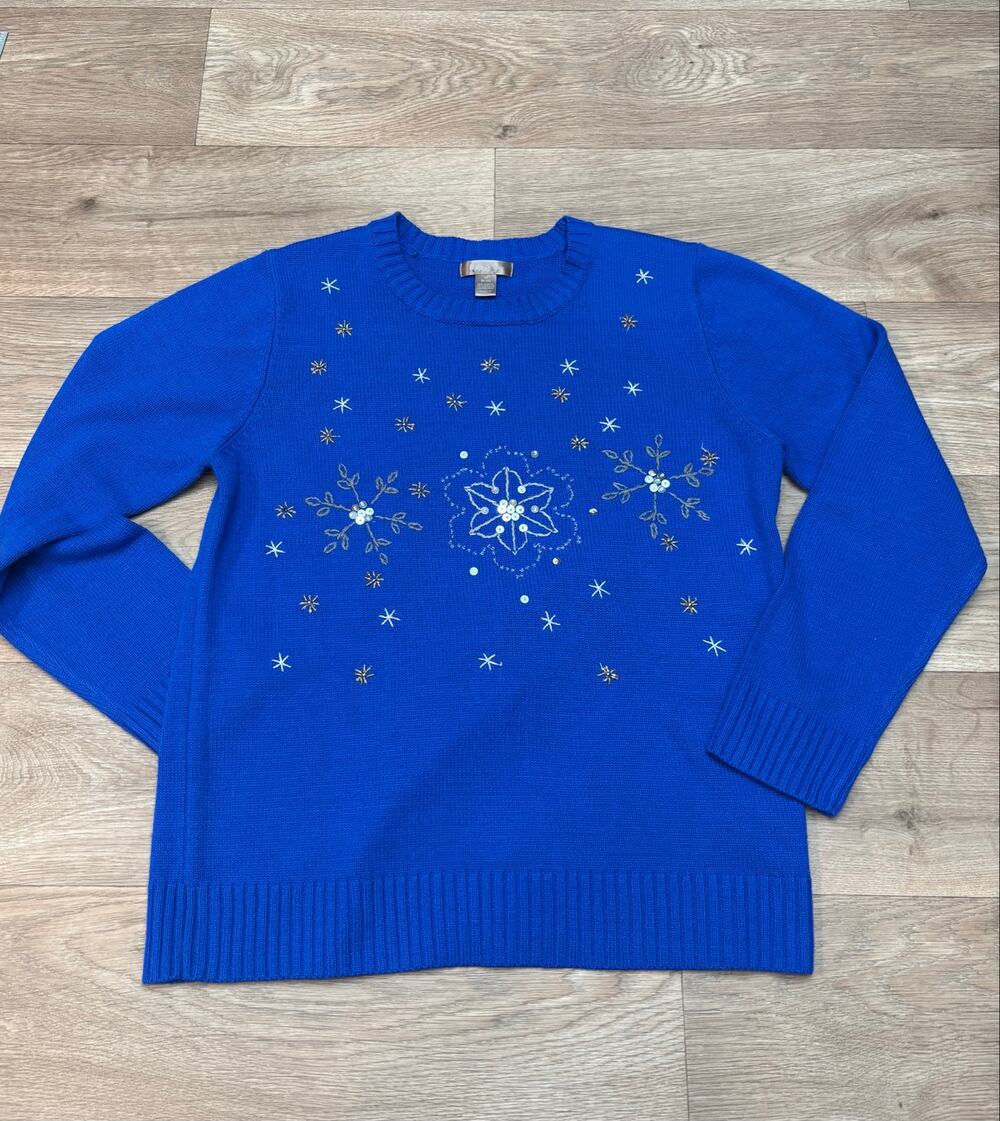 White Stag Blue Snowflake Beaded Holiday Sweater Size M